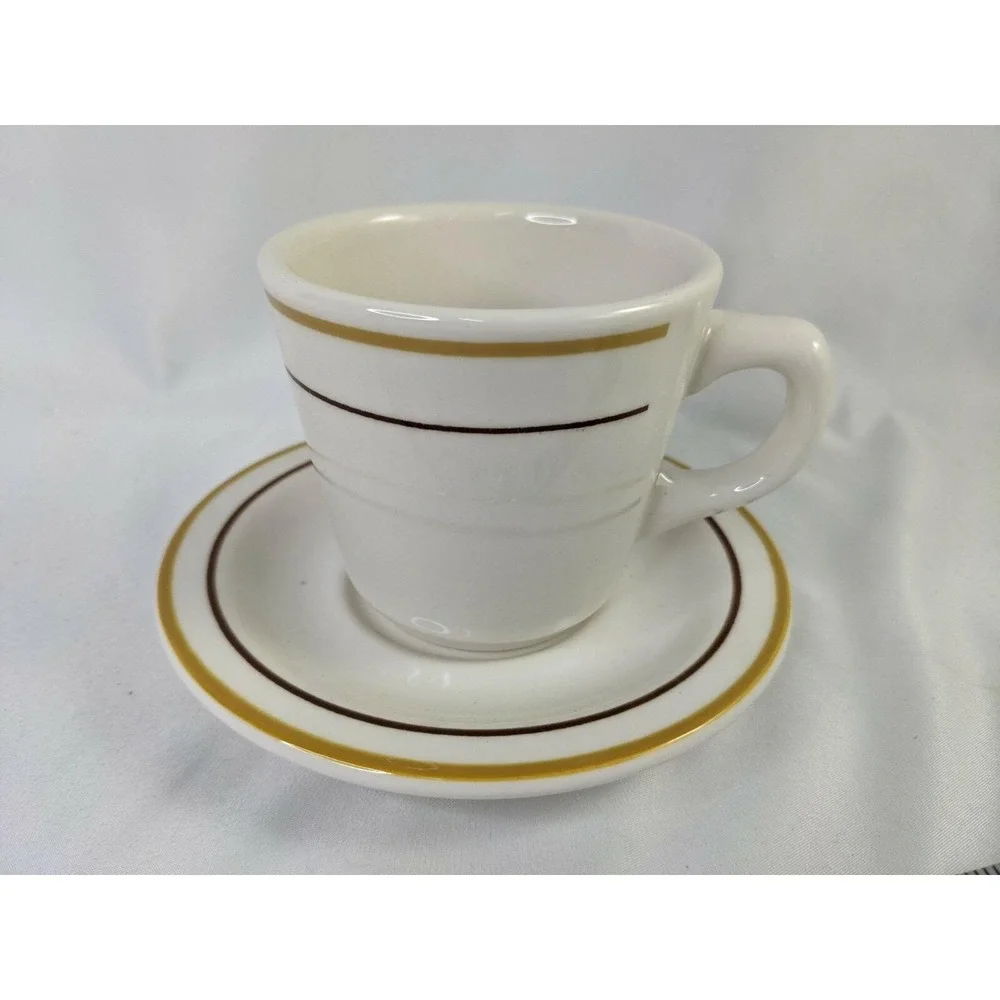 Buffalo China Restaurant Ware Coffee Cup Saucer Set Tan‎ Brown Stripe